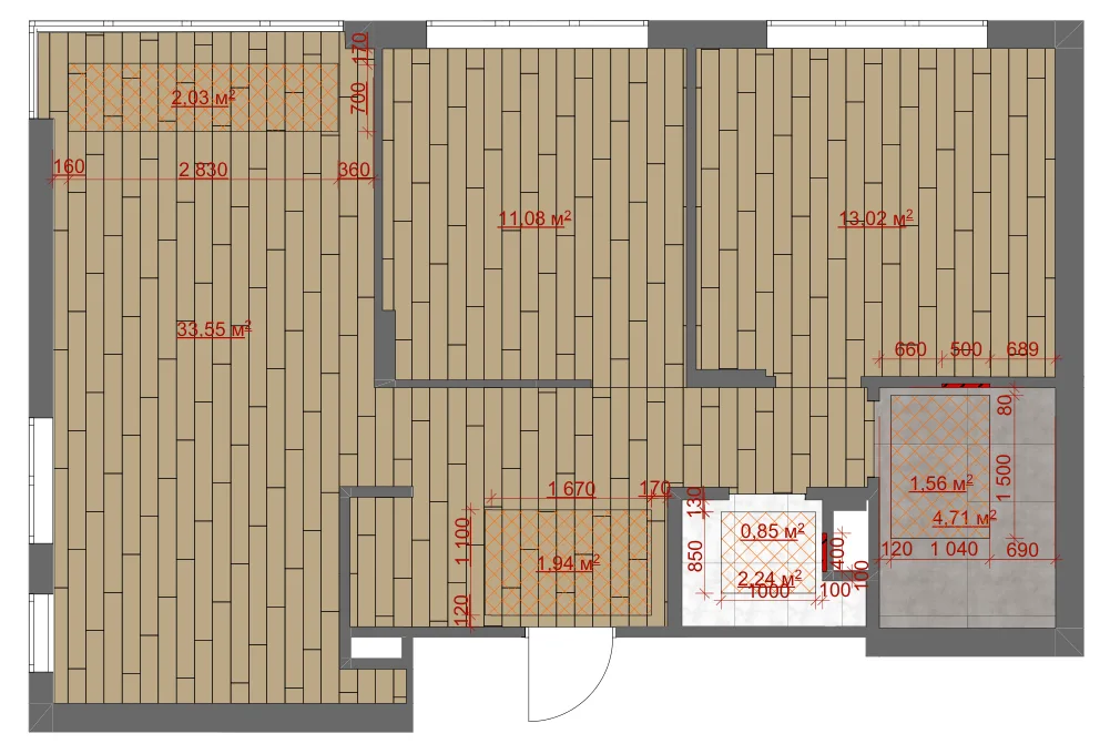 Тёплые полы — чертёж из дизайн-проекта квартиры 64,8 м²
